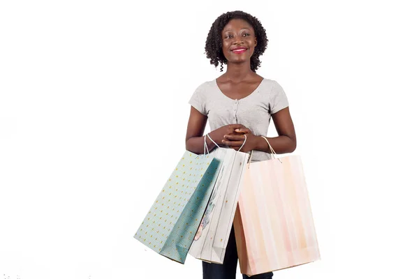 쇼핑백을 아프리카계 미국인 미소를 쇼핑을 즐기는 — 스톡 사진