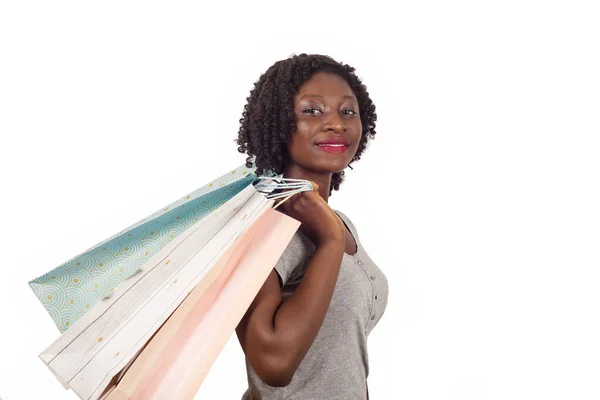 Femme Afro Américaine Tenant Des Sacs Provisions Colorés Posant Sur — Photo