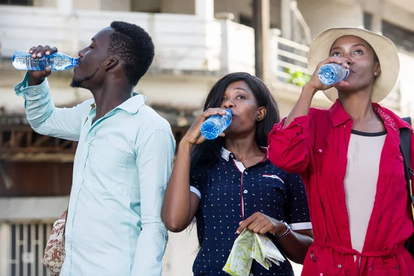 Turistas Jóvenes Parados Aire Libre Bebiendo Agua Botellas Plástico —  Fotos de Stock