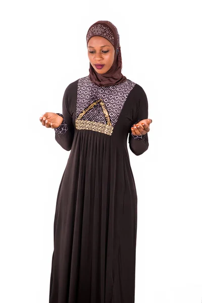 Young Muslim Woman Standing Long Dress Looking Open Palms — Stock Photo, Image