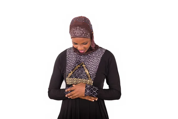 Young Muslim Woman Standing Long Dress Looking Hands Crossed Smiling — Stock Photo, Image