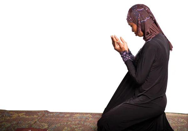 Young Muslim Woman Kneeling Mat Praying — Stock Photo, Image