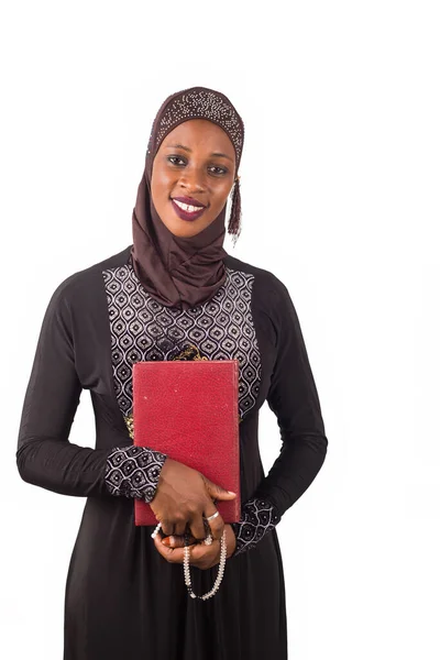 Portrait Young Muslim Woman Standing Holding Religious Document White Background — Stock Photo, Image