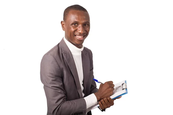 Jovem Sorrindo Homem Toma Notas Isoladas Fundo Branco Fotografia De Stock