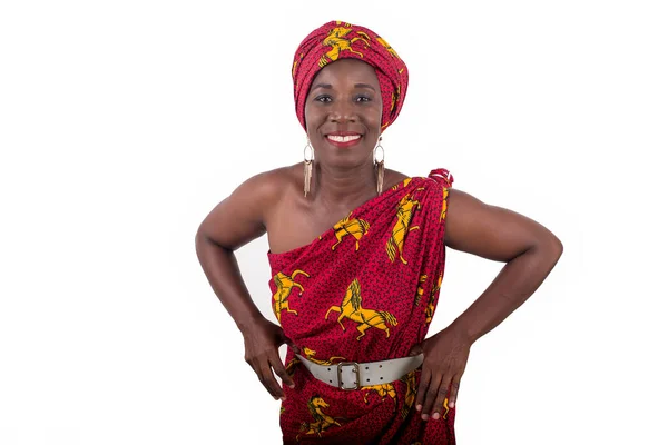 Retrato Bela Mulher Africana Turbante Tradicional Cabeça Corpo Envolvente Africano — Fotografia de Stock