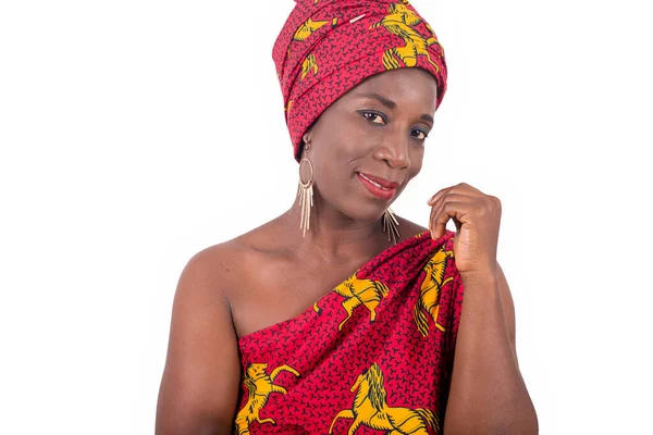 Retrato Hermosa Mujer Africana Turbante Tradicional Envoltura Cabeza Cuerpo Moda — Foto de Stock