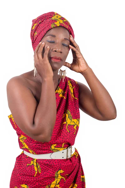 Retrato Bela Mulher Africana Com Turbante Tradicional Cabeça Corpo Envolvente — Fotografia de Stock