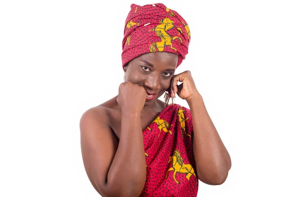 Retrato Bela Mulher Africana Turbante Tradicional Cabeça Corpo Envolvente Moda — Fotografia de Stock