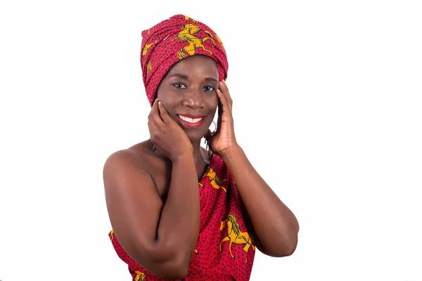 Retrato Bela Mulher Africana Turbante Tradicional Cabeça Corpo Envolvente Africano — Fotografia de Stock