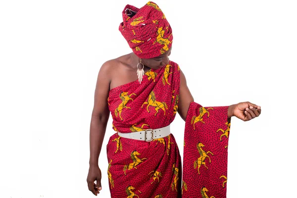 Mulher Moda Vestido Tradicional Vermelho Olha Apresenta Material Africano — Fotografia de Stock