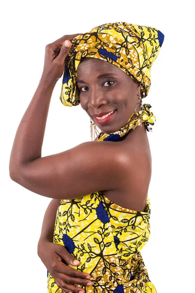 African Woman Yellow Loincloth Posing Happily Isolated White Background — Stock Photo, Image