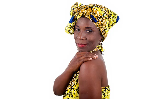 Young African Woman Standing Loincloth Studio Hand Shoulder Looking Camera — Stock Photo, Image