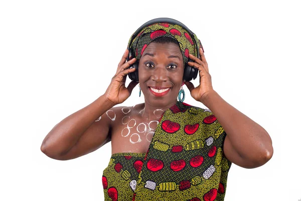 Portrait Smiling Young African Woman Listening Music Headphones Mobile Phone — Stock Photo, Image