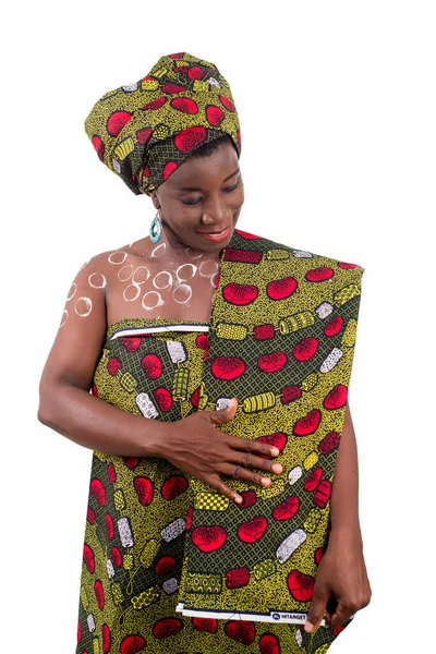 Portrait Smiling African Young Woman African Cloth Drawing Tinted Body Stock Photo