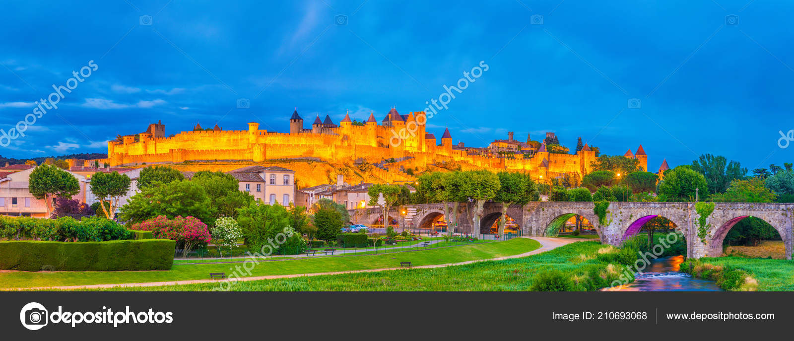 Coucher Soleil Vue Vieux Vieux Ville Carcassonne Pont France