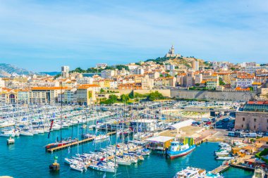 Basilique Notre-Dame de la Garde overlooking port vieux in Marseille, Franc