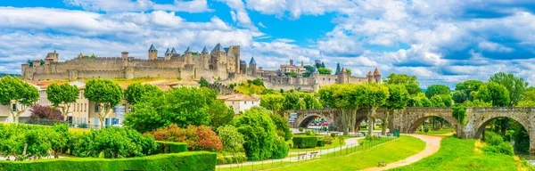 Zonsondergang Van Oude Stad Van Carcassonne Pont Vieux Frankrijk — Stockfoto