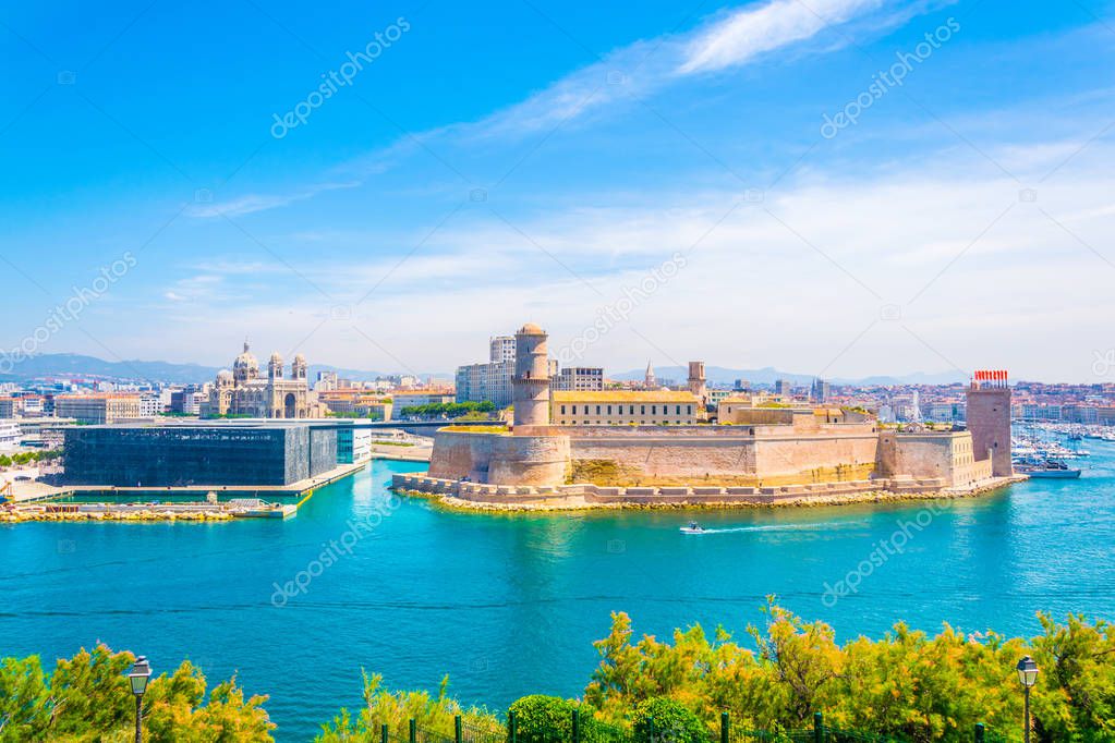 Panorama of Marseille with Fort saint Jean and Mucem Museum of European and Mediterranean Civilisations, Franc