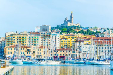 Basilique Notre-Dame de la Garde overlooking port vieux in Marseille, Franc