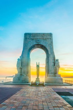 Sunset view la porte de L'orient monument situated at Marseille, Franc