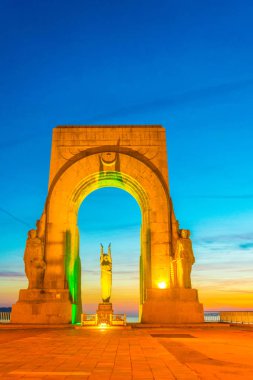 Sunset view la porte de L'orient monument situated at Marseille, Franc