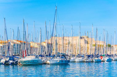 Basilique Notre-Dame de la Garde overlooking port vieux in Marseille, Franc