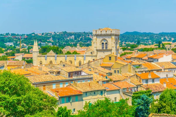 Luchtfoto Van Villeneuve Les Avignon Gedomineerd Door Een Collegiale Kerk — Stockfoto