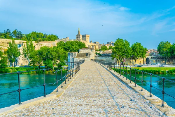 stock image Palais des Papes and Cathedral of Our Lady viewed from the Pont d'Avignon over river Rhone, Franc