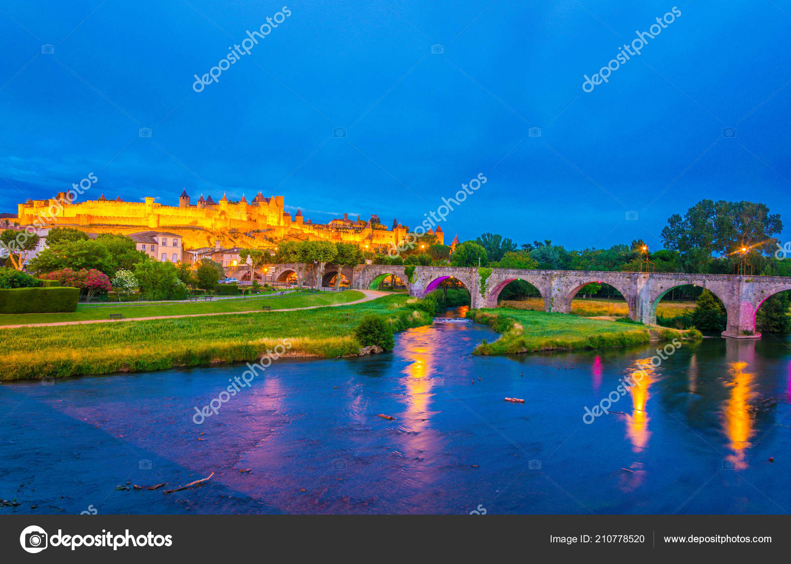 Coucher Soleil Vue Vieux Vieux Ville Carcassonne Pont France