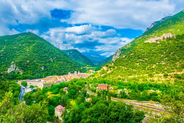 Letecký Pohled Vesnice Villefranche Conflent Franc — Stock fotografie