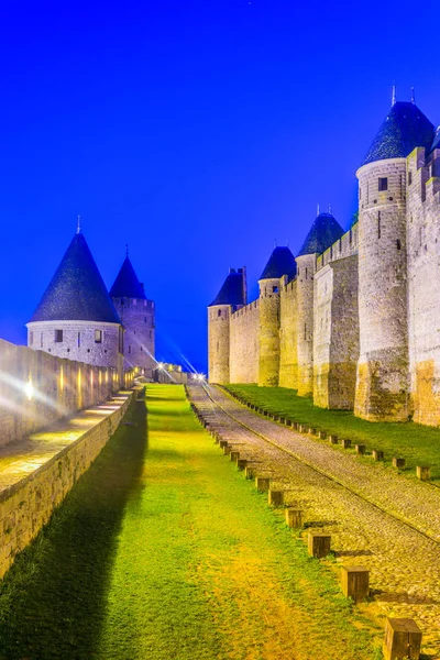 Night View Illuminated Fortification Carcassonne Franc — Stock Photo, Image
