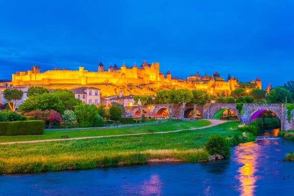 Vista Atardecer Del Casco Antiguo Carcasona Vieux Pont Francia — Foto de Stock