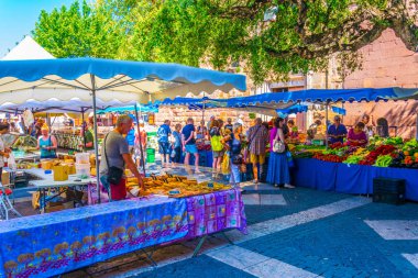 FREJUS, FRANCE, JUNE 16, 2017: View of a street market in Frejus, Franc clipart