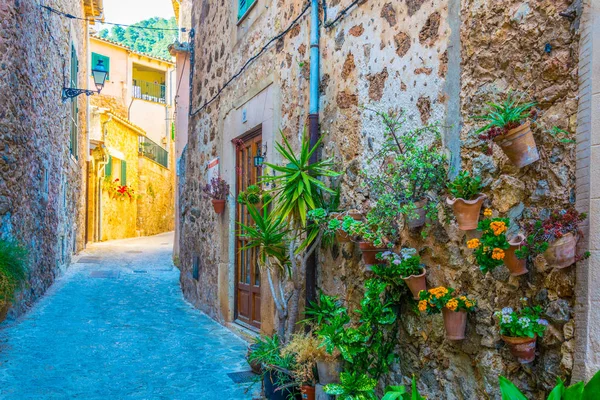 Valldemossa Mallorc, İspanyol kasabasında dar bir sokak görünümü