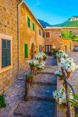 Valldemossa Mallorc, İspanyol kasabasında dar bir sokak görünümü