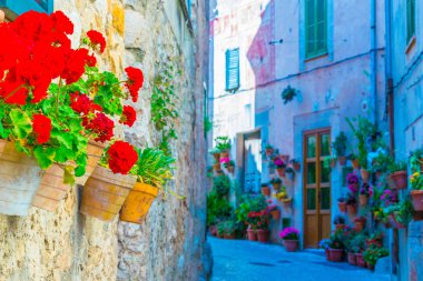 Valldemossa Mallorc, İspanyol kasabasında dar bir sokak görünümü