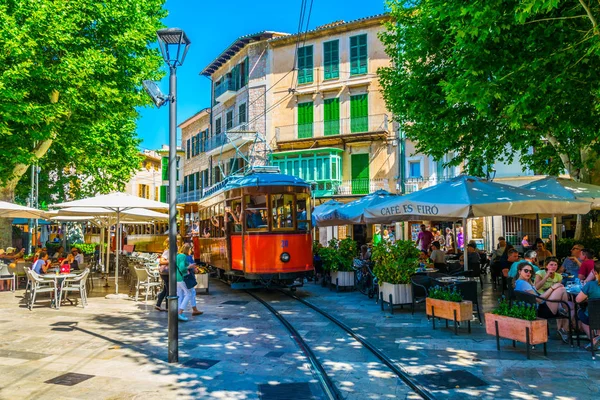 Soller Spain May 2017 Traditional Red Tram Passing Center Soller — Stock Photo, Image