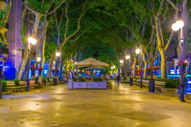 Palma De Mallorca, İspanya, 18 Mayıs 2017: Gece görünümünü Passeig del tarihi, tarihi merkezi Palma de Mallorca, Spai