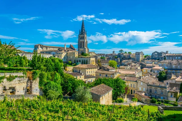 Fransız köyünün havadan görünümü Saint Emilion monolitik churc spire tarafından hakim.