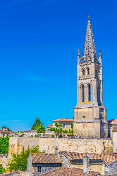 Vista Aérea Del Pueblo Francés Saint Emilion Dominado Por Torre — Foto de Stock