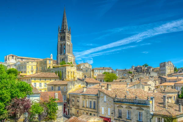 Vista Aérea Del Pueblo Francés Saint Emilion Dominado Por Torre — Foto de Stock