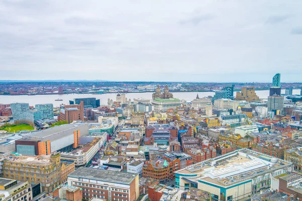 Aerial view of liverpool including three graces, Englan