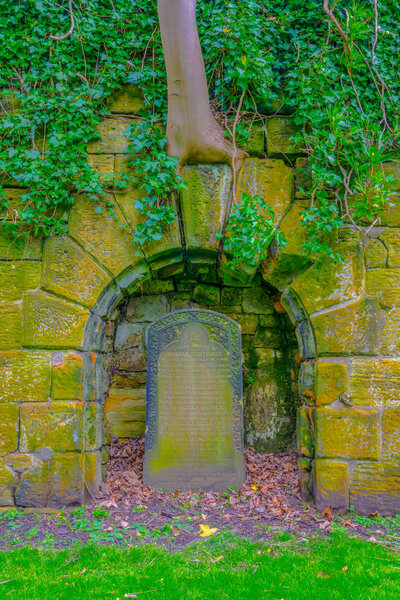 View of an ancient graveyard spread across saint james garden in Liverpool, Englan