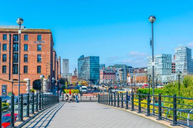 View of the business center of Liverpool through Albert dock, Englan clipart