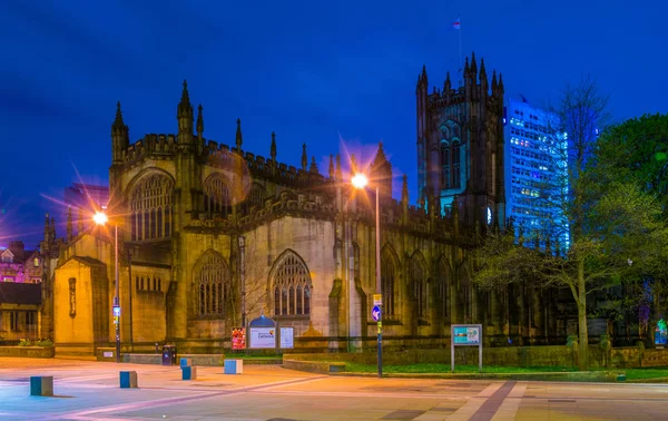 Vista Notturna Della Cattedrale Manchester Inghilterra — Foto Stock