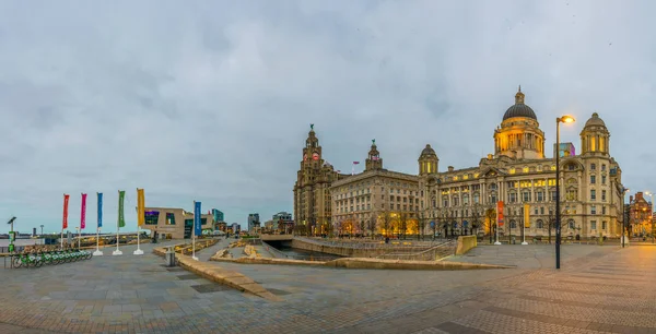 Vista Notturna Degli Edifici Three Graces Liverpool Inghilterra — Foto Stock