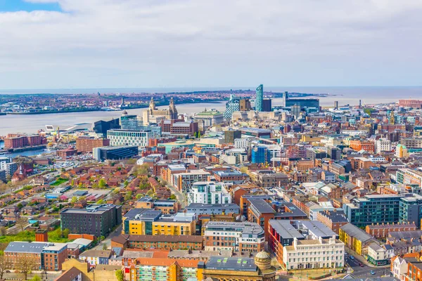 Aerial view of liverpool including three graces, Englan