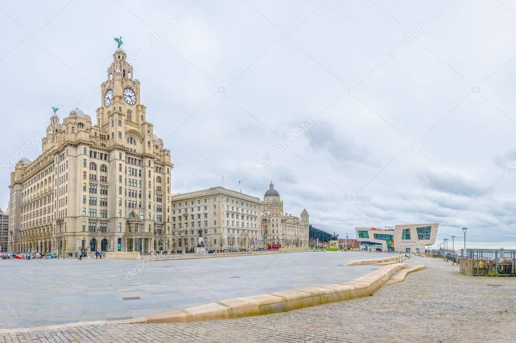 Three Graces buildings in Liverpool, Englan