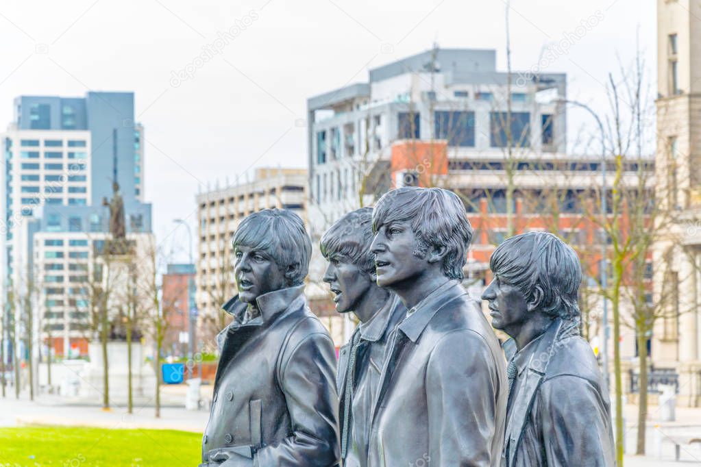 Statue of the Beatles in front of the royal liver building in Liverpool, Englan