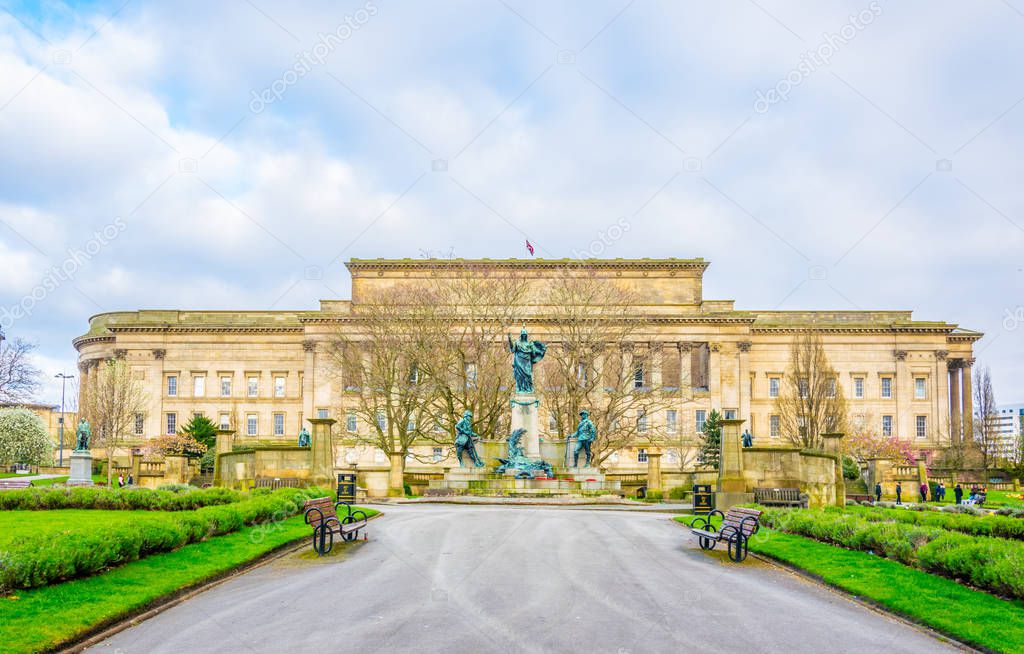 Saint George hall in Liverpool viewed from St. John's gardens, Englan